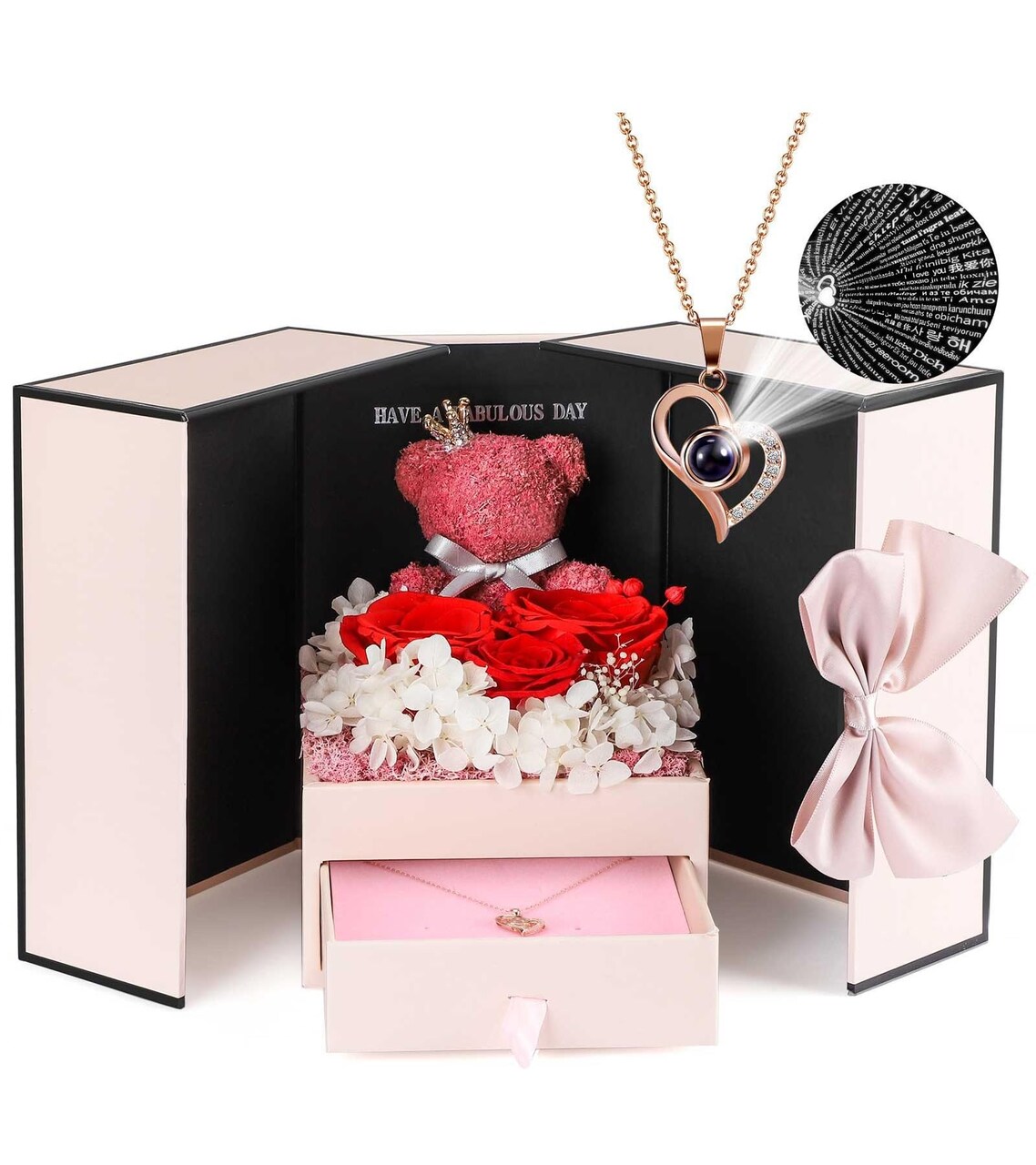 Rose Gifts for Women Birthday Christmas - Preserved Real Roses Forever Red Flowers with I Love You in 100 Languages Necklace and Cute Moss Bear for Girlfriend Wife Mom Grandma